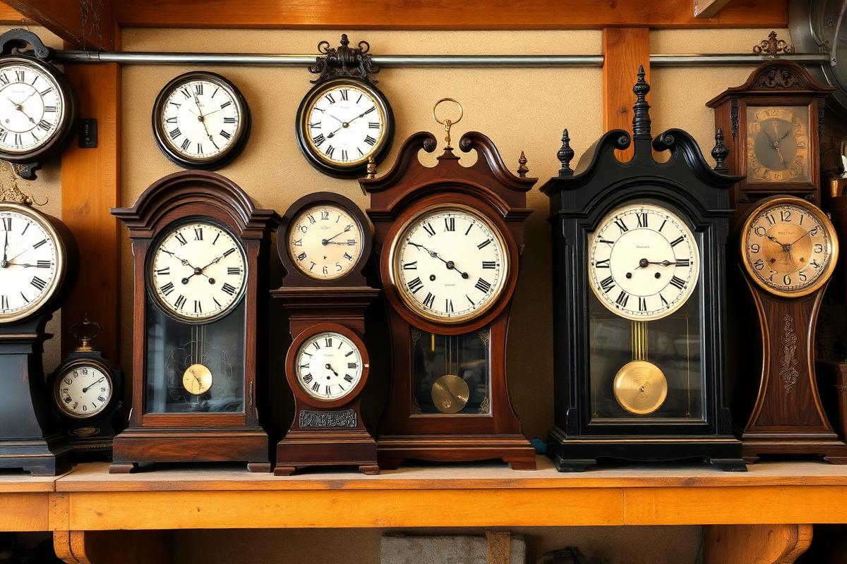 Shelf of antique mantel and wall clocks awaiting restoration in the Jordantero Co. workshop