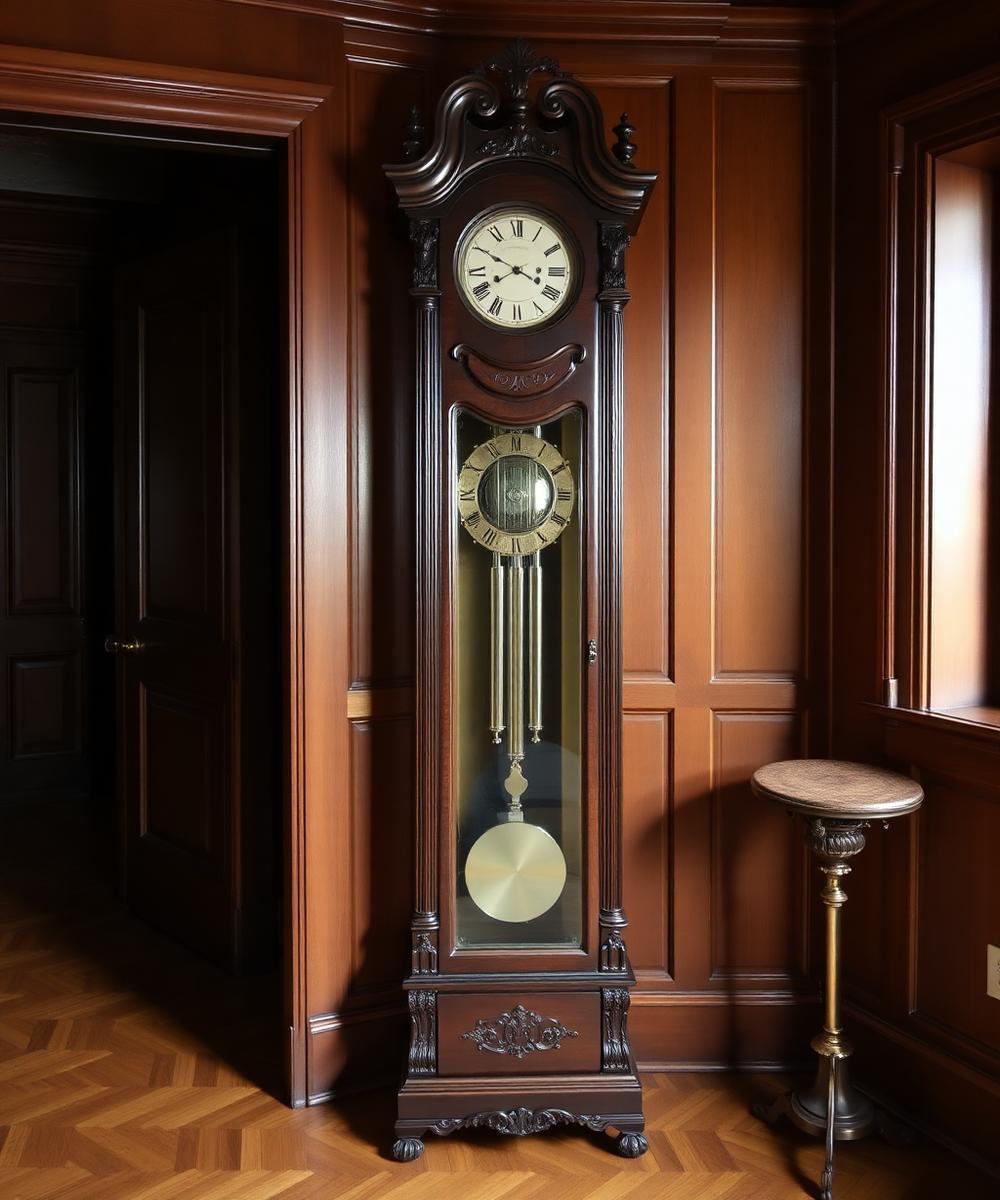 Restored antique grandfather clock standing in a wood-paneled Colorado home
