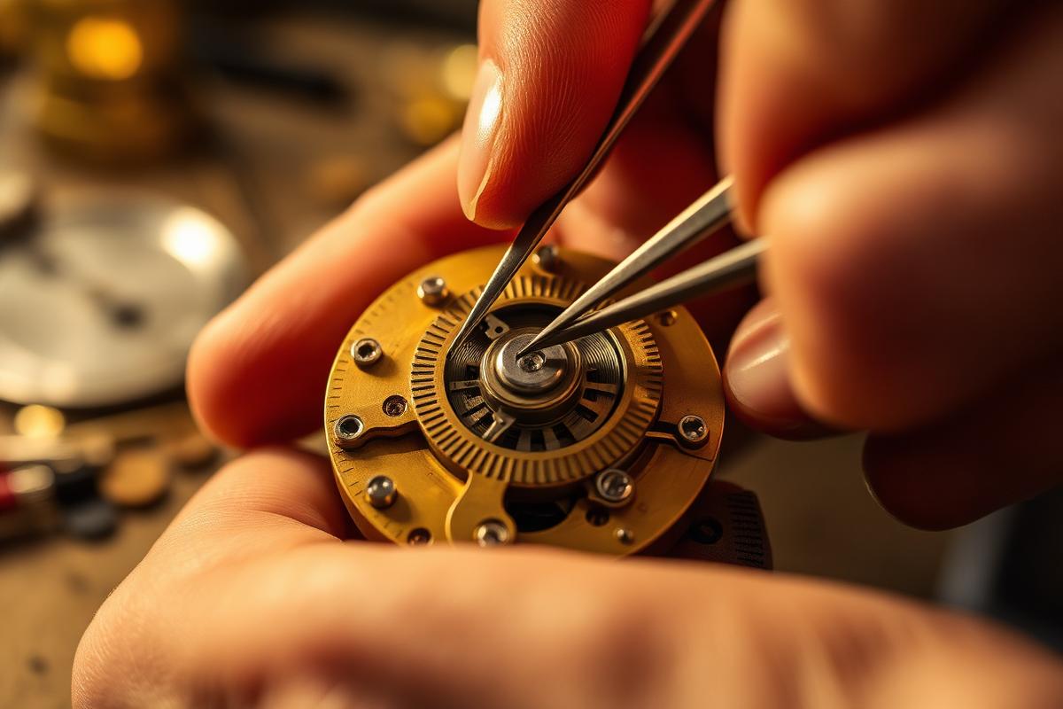 Clockmaker using tweezers to service a brass clock movement at the Jordantero Co. bench in Lakewood